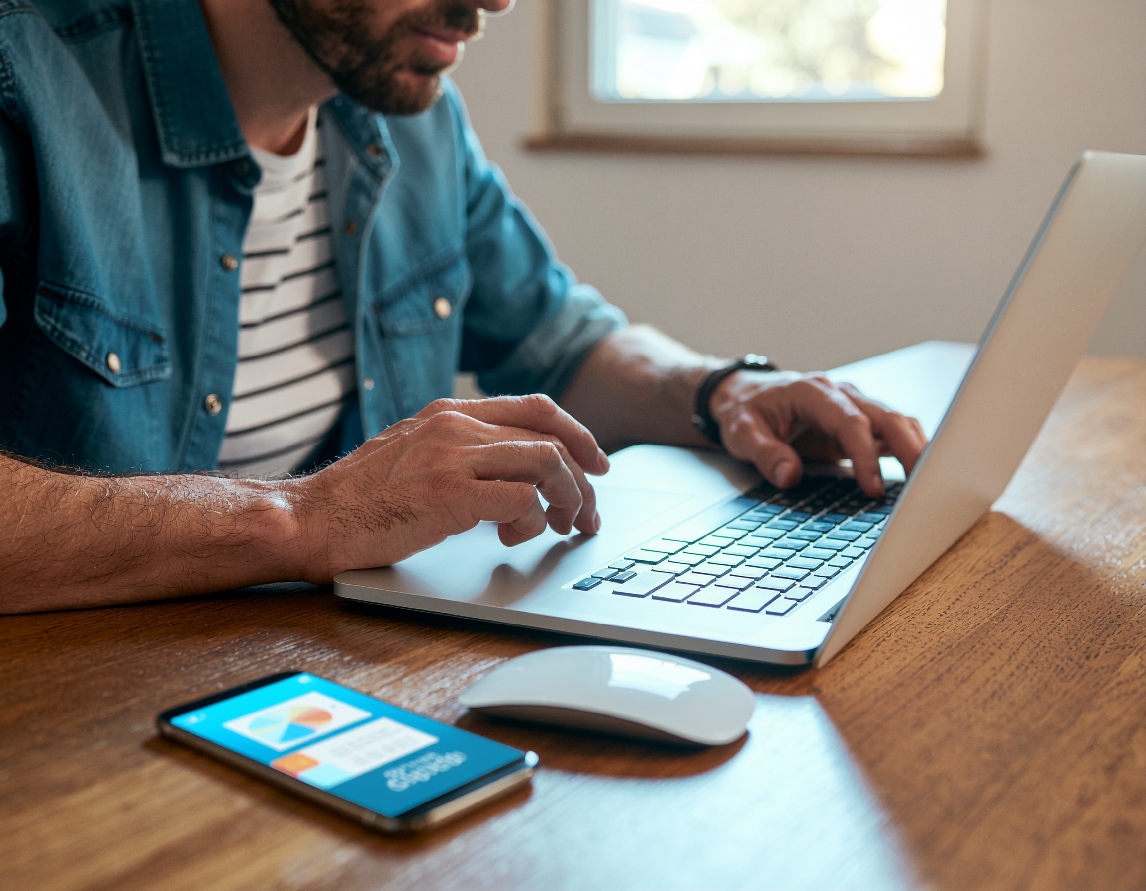 Entrepreneur creating bright and modern social media graphics on a laptop, smartphone nearby showing matching posts