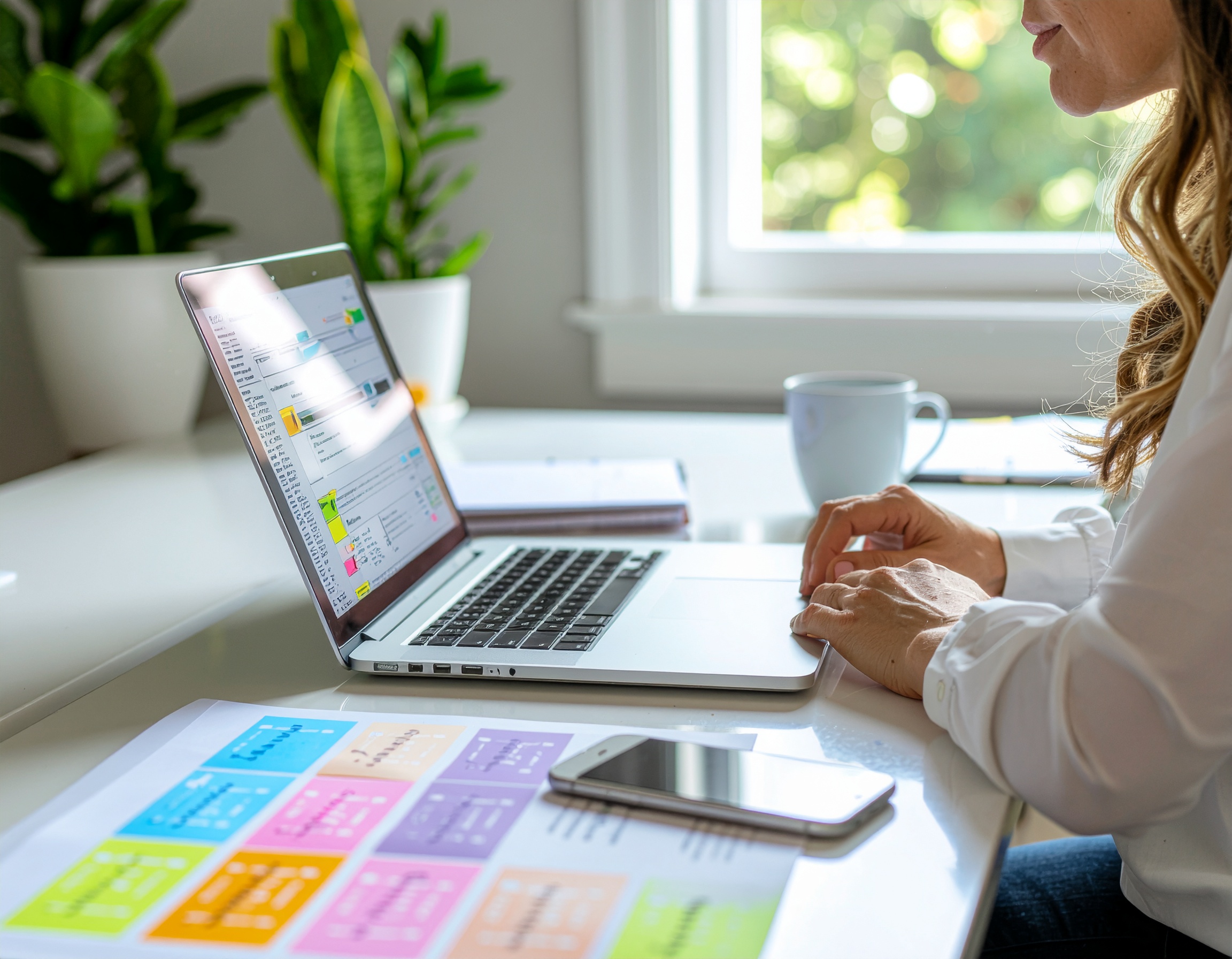 Woman at a bright desk checking off a colorful business checklist with a laptop, coffee, and neat workspace