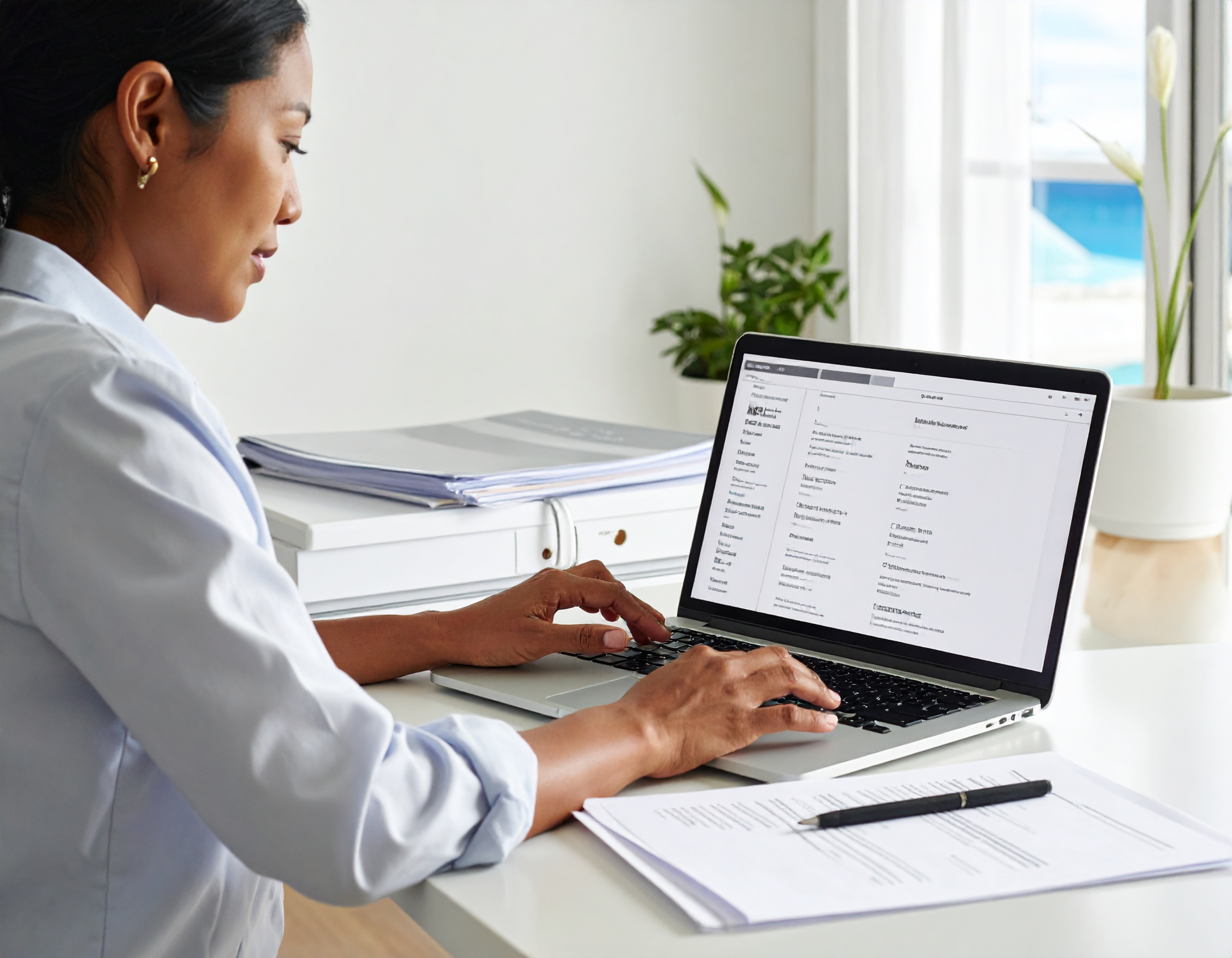 Woman at a tidy home office reviewing her resume on a laptop, neat stack of printed resumes and proposals beside her