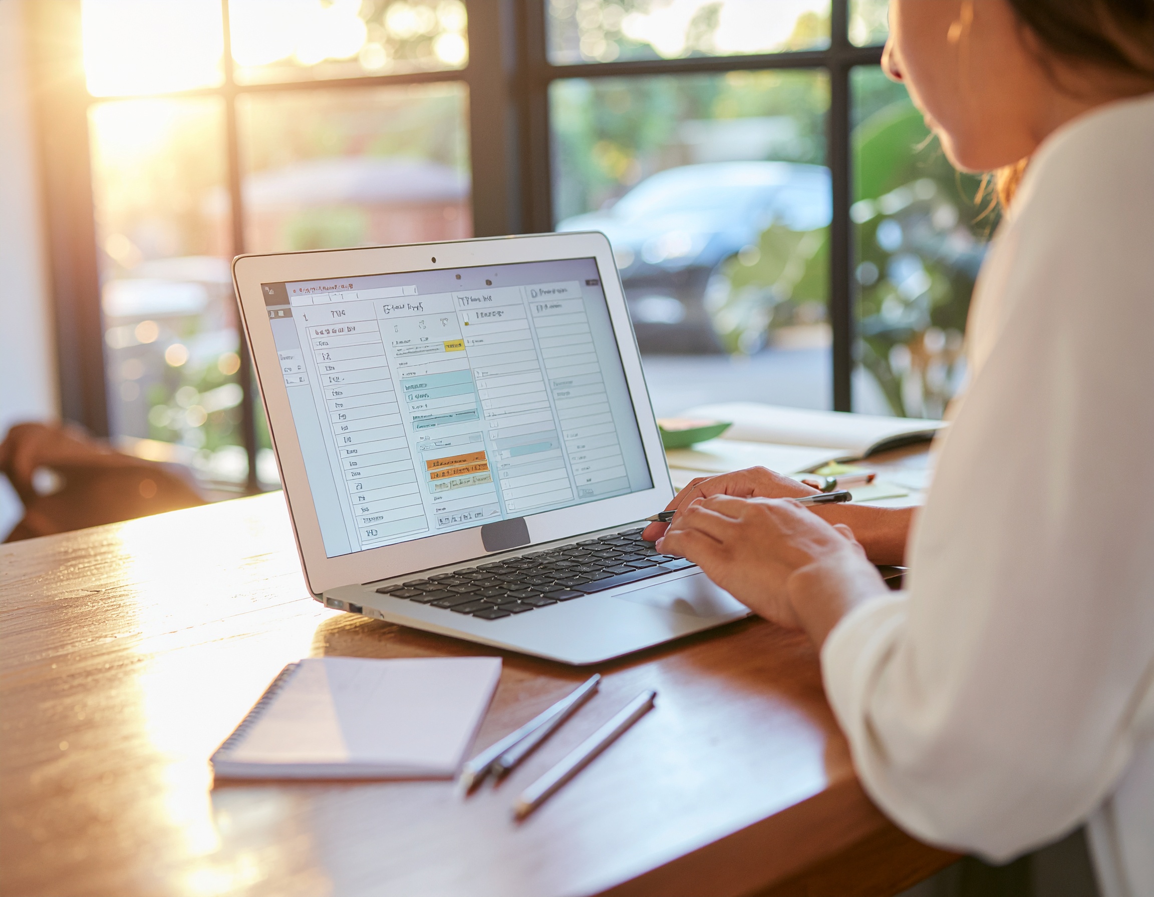 Woman sketching digital printable planners on a laptop in a sunlit workspace