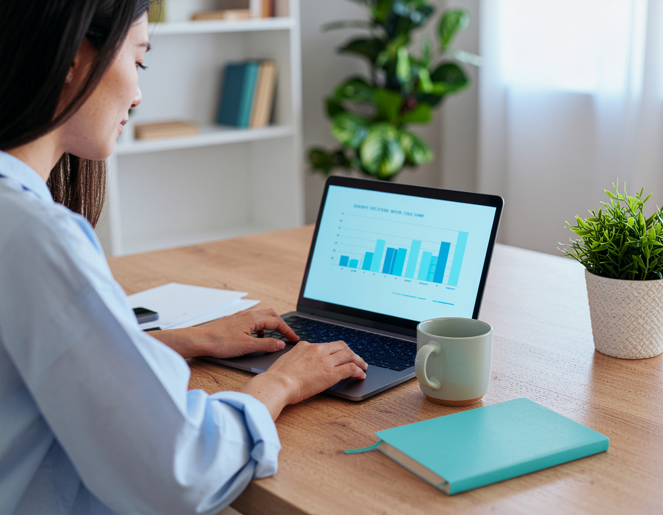 Christian woman writing at laptop, Bible and notepad beside her, soft natural light