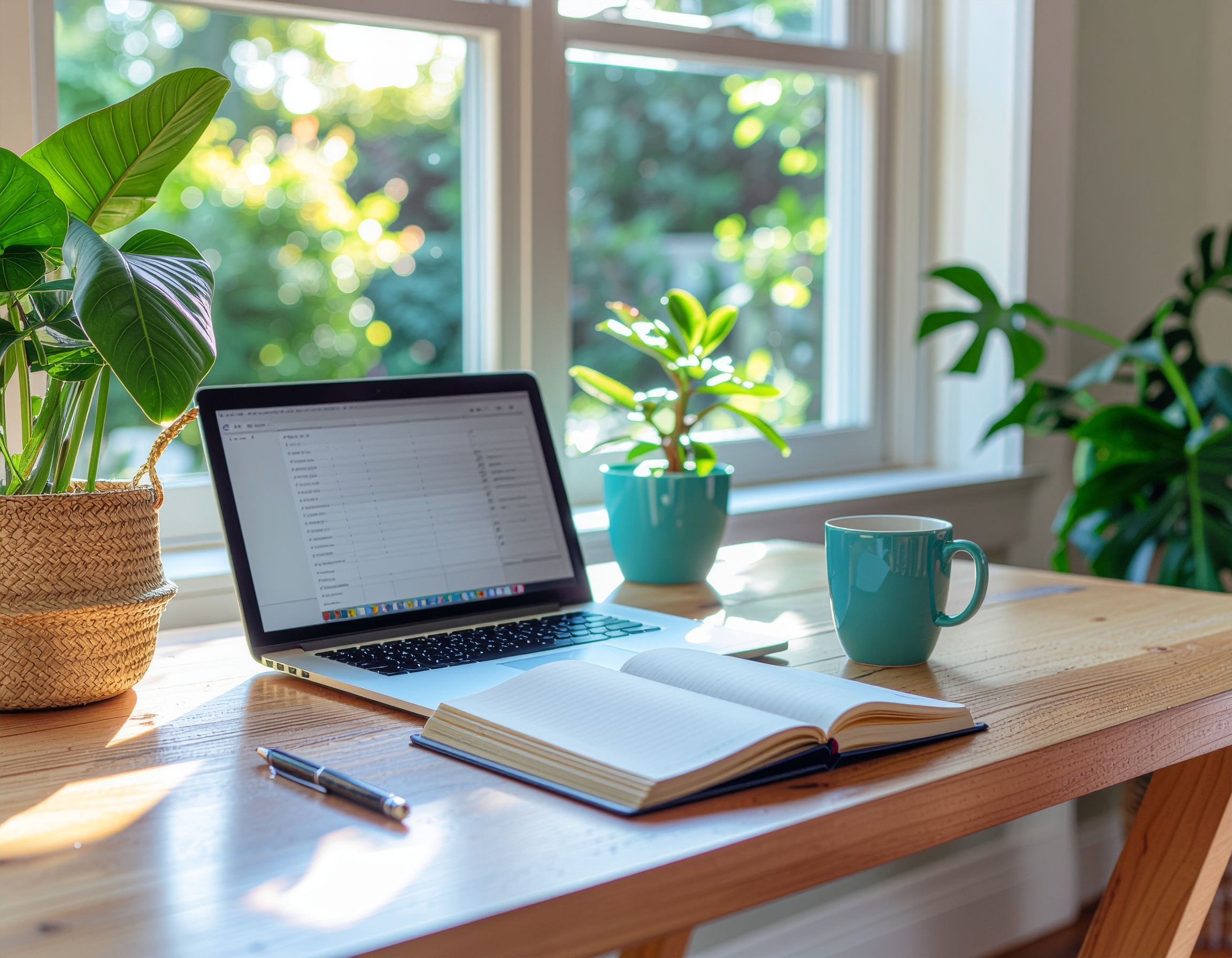 remote desk, laptop, peaceful, mug 